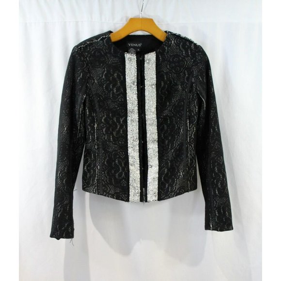 Venus Womens Black Silver Embellished Wool Blend Lace Overlay Jacket 4 - Picture 1 of 5